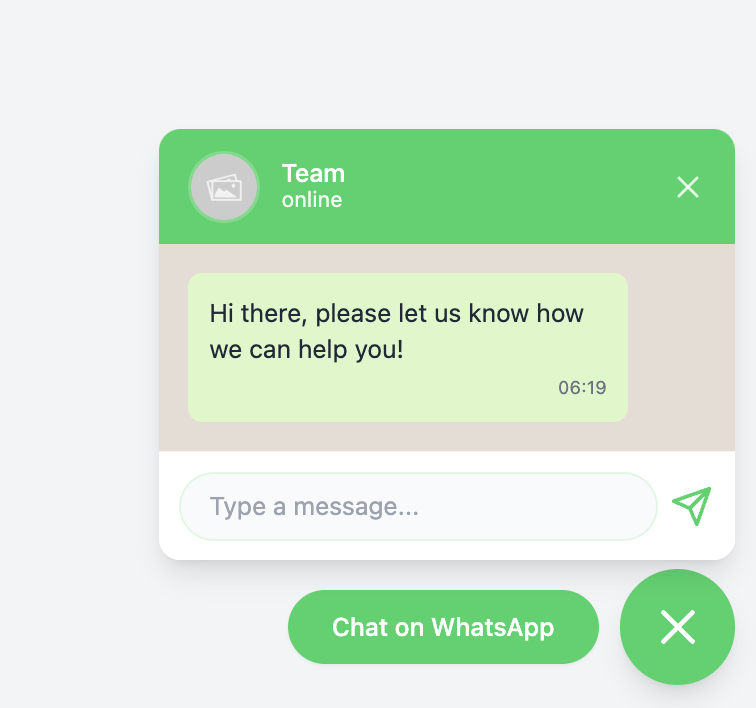 WhatsApp chat widget interface showing a conversation with a business team